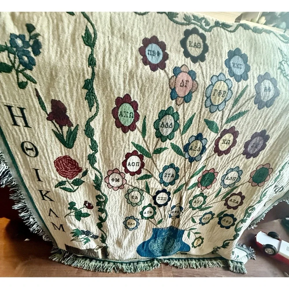 Vintage Panhellenic Sorority Greek Life Woven Tapestry Throw Blanket Fringe Rare